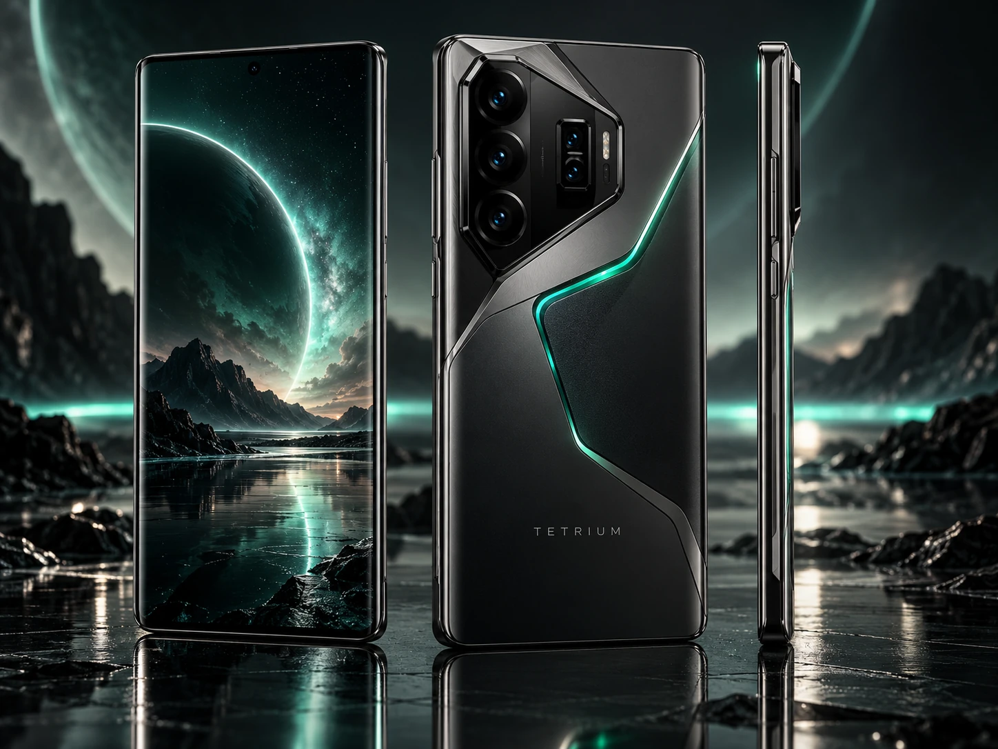 Close view of NOCTRA’s angular camera surround and flowing teal rear seam in its atmospheric concept artwork