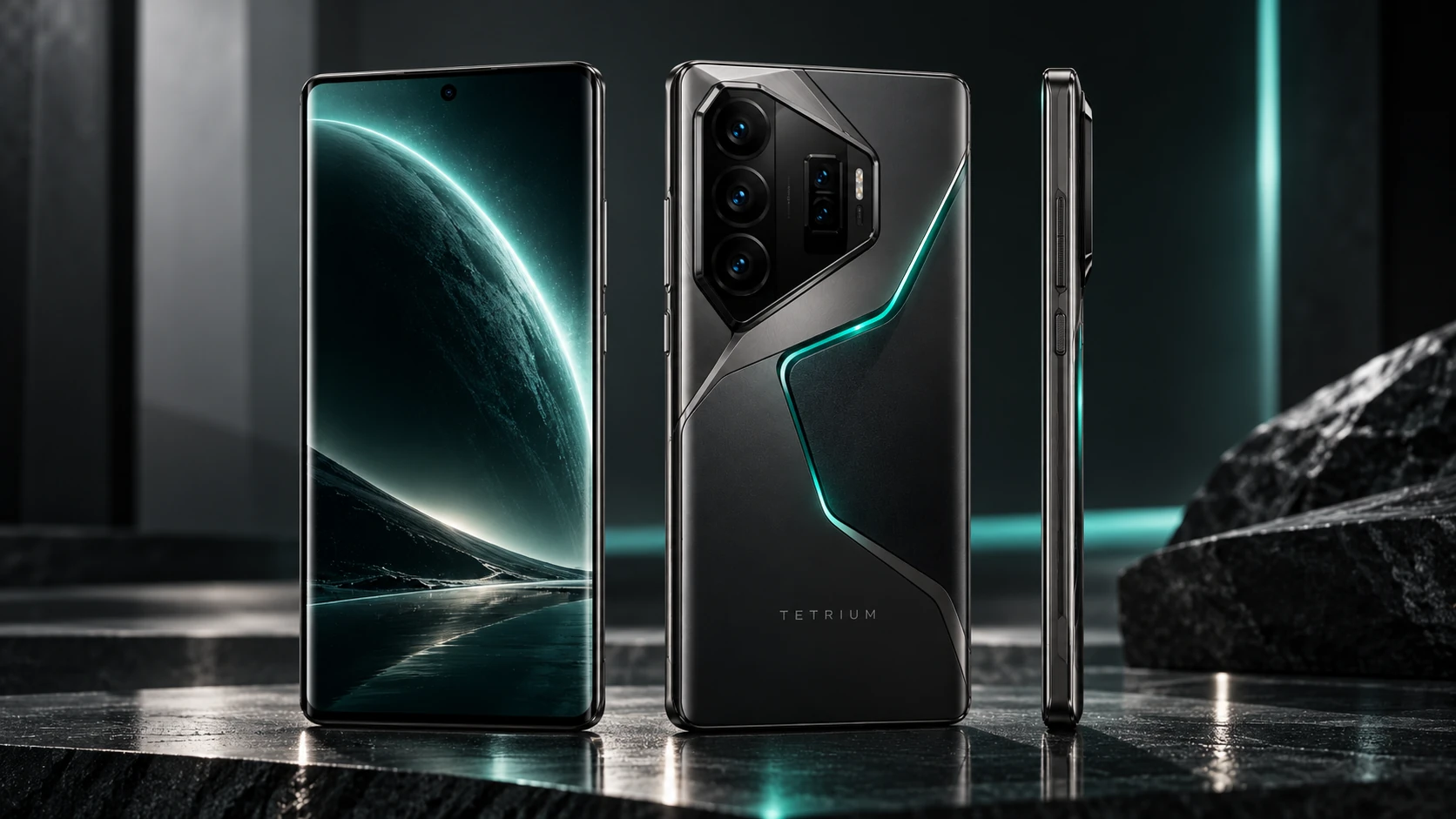 NOCTRA N1 smartphone concept in front, rear and side views, with a graphite body and flowing teal seam