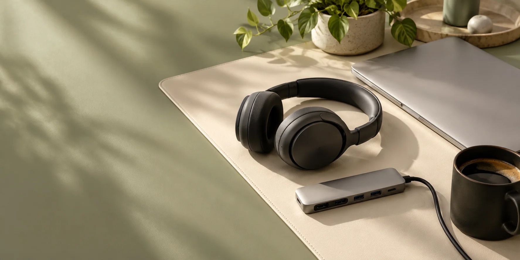An inspirational workspace with headphones, a laptop, a hub and coffee